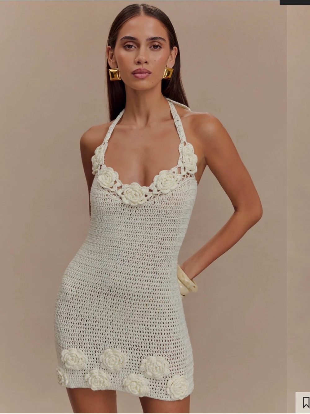 Meshki Liyah Cream Crochet Halter Mini Dress